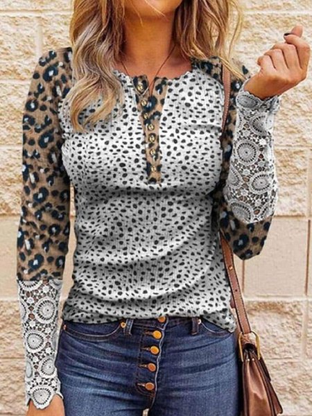 

Casual Long Sleeve Crew Neck Leopard Shirts & Tops, As picture, Tops