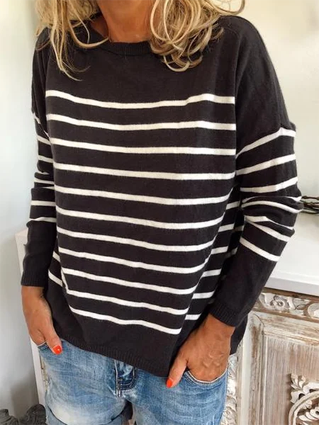 

Long Sleeve Casual Crew Neck Striped Sweater, Black, Knitwear & Sweaters