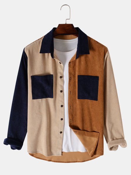 

Men's Stitching Contrasting Corduroy Long-Sleeved Shirt Jacket, Brown, Jacket