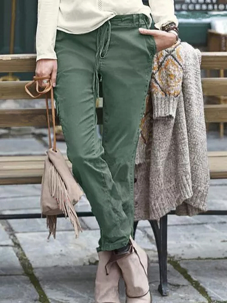 Loose Pockets Mid Waist Cotton Pants, Army green, Pants