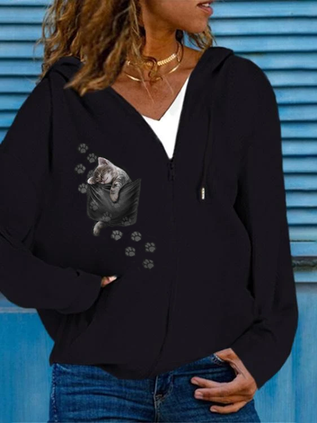 

Casual Regular Fit Animal Cat Hooded Outerwear, Black, Outerwear