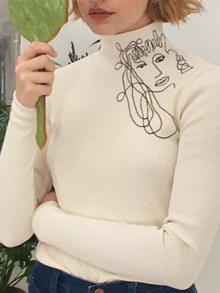 

Long Sleeve Casual High Neck Top, White-yellow, Tops