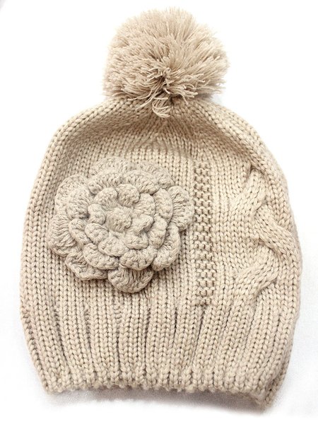 

Simple 3D Flower Pearl Fuzzy Ball Warm Hat, Beige, Women Hats