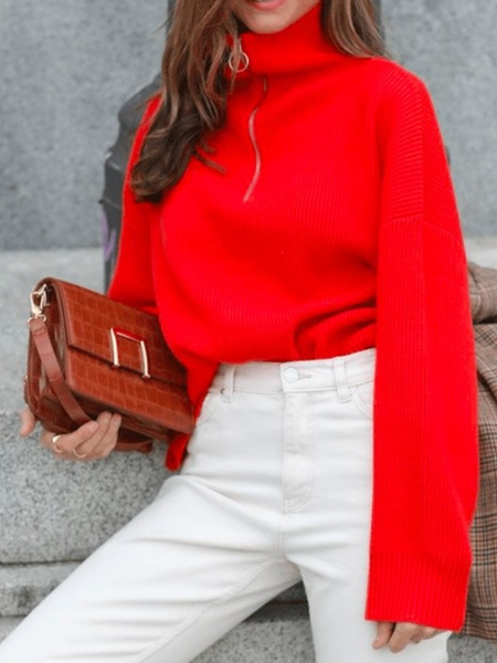 

Winter Loosen Simple Plain Daily High Stretch Sweater, Red, Pullovers