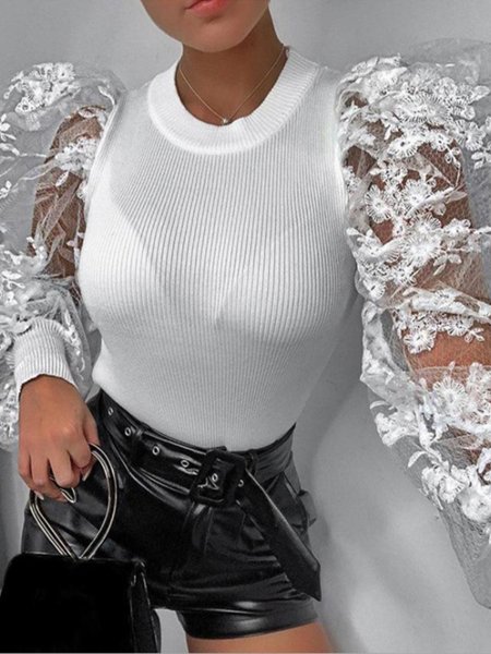 

Simple Elegant Elegant Solid Crew Neck Top, White, Tops