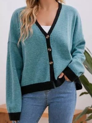 

Color Block V Neck Off Shoulder Basics Outerwear, Blue, Cardigans