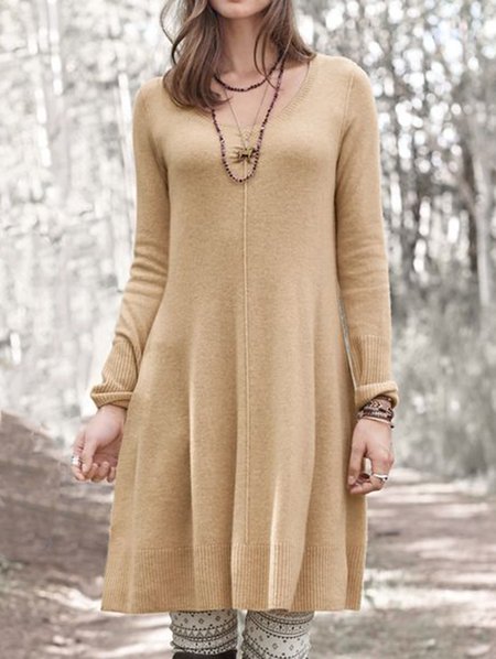 

Round Neck Slim Fit Casual Dresses, Khaki, Casual Dresses