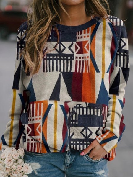 

Geometric Tribal Printed Long Sleeves Crew Neck Plus Size Casual Sweatshits, Multicolor, T-Shirts