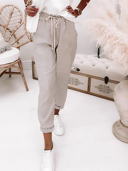 

Solid Color Elastic Waist Pocket Casual Pants, Apricot, Pants