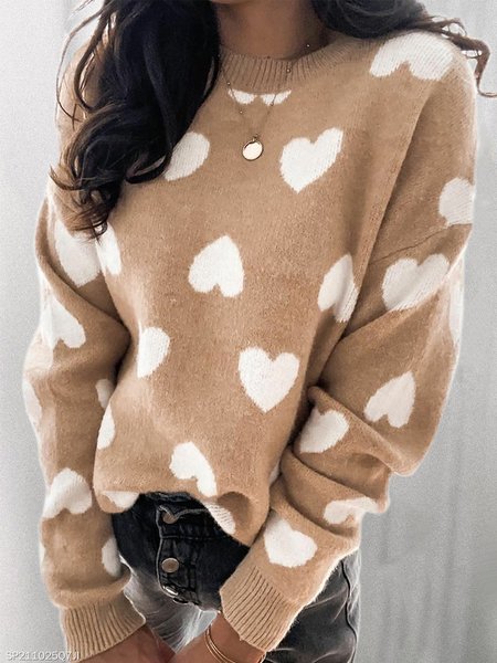 

Round Neck Long Sleeve Casual Sweater, Khaki, Knitwear & Sweaters