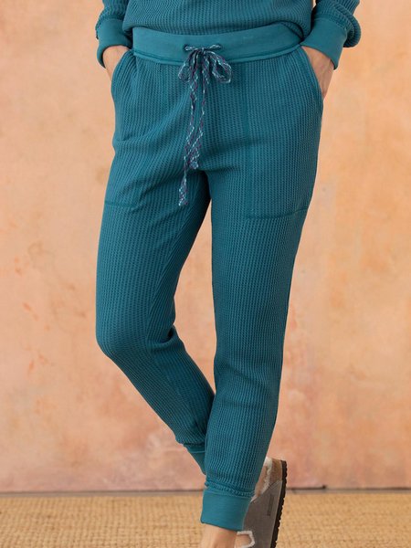

Long sleeved round Lapel plain plain patterned small square nine point loose pants, Blue, Pants