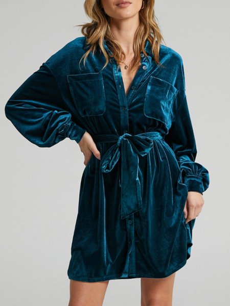 

Vintage Plain Shirt Collar Regular Fit Dress, Cyan, Mini Dresses