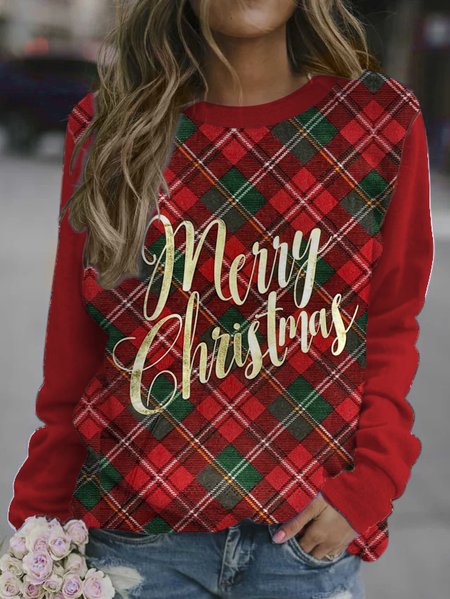 

Christmas Classic Plaid Print Round Neck Long Sleeve Sweatshirt, Red, Hoodies&Sweatshirts