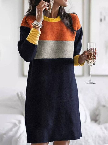 

Round Neck Casual Color Block Dresses, Multicolor, Mini Dresses