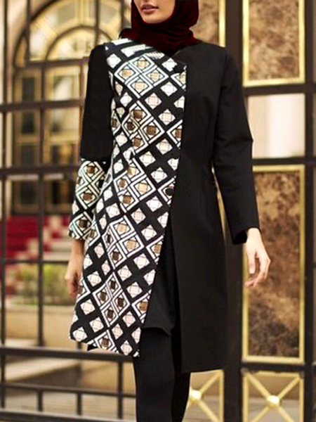 

Collarless Vintage Loosen Outerwear National wind pattern print irregular stitching of the coat long coat, Black-brown, Coats