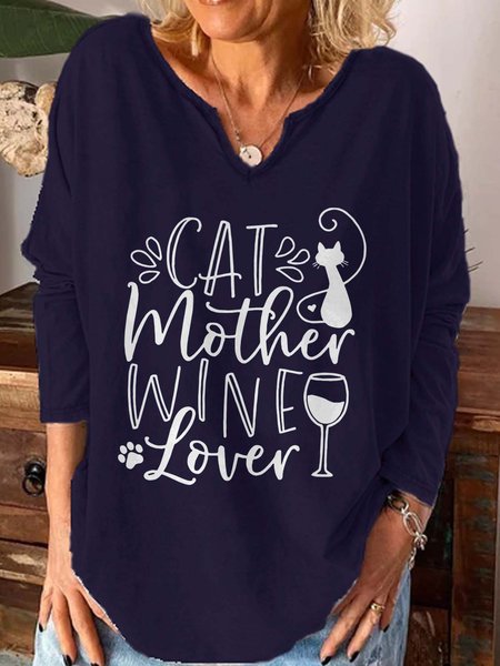 

Cat Mother Wine Lover Cotton Blends Shirts & Tops, Purplish blue, Hoodies&Sweatshirts