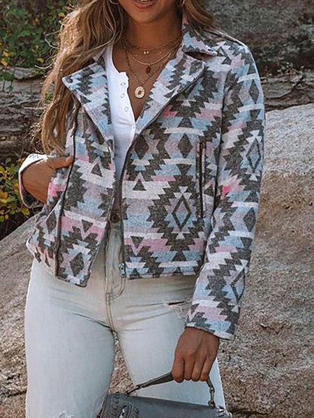 

Geometric Print Casual Long Sleeve Lapel Outerwear, Blue, Coats
