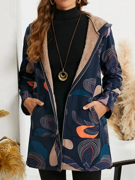 

Casual Vintage Floral Print Big Pockets Plus Velvet Warm Coats, Navy blue, Outerwear