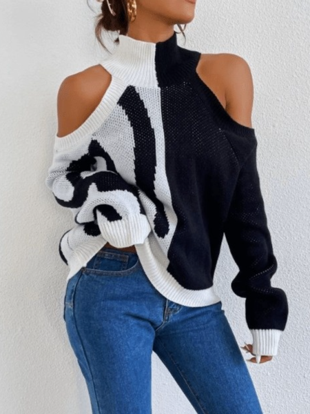 

Winter Zebra Stand Collar Simple Long sleeve Sweater, Black-white, Pullovers