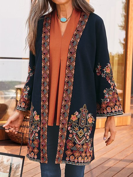 

Floral Cotton Blends Casual Outerwear, Black, Cardigans