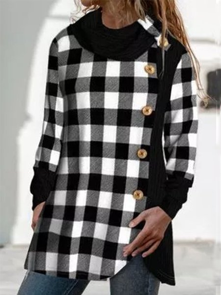 

Casual Cowl neck Checked/Plaid Long Sleeve Shirts & Tops, Black, Tops