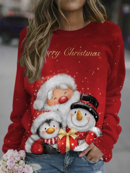 

Christmas print round neck long-sleeved sweatshirt, Red, Hoodies&Sweatshirts