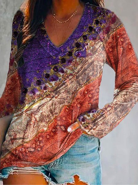 

Abstract V Neck Regular Fit Shirts & Tops, Multicolor, T-Shirts