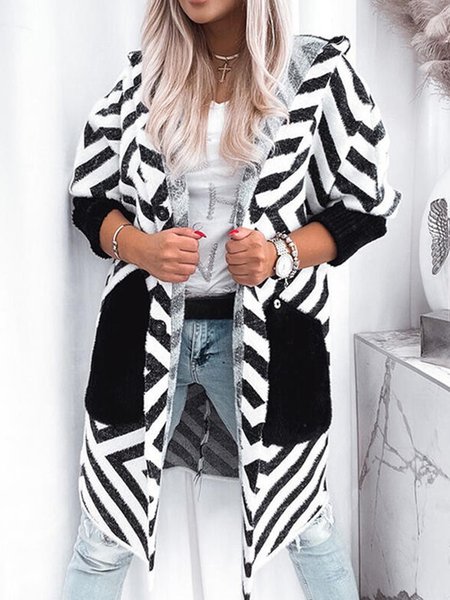 

Loosen Casual Hooded Outerwear（accessory not included）, Black-white, Coats