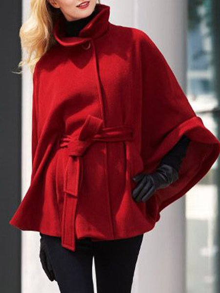 

Elegant Solid Stand Collar Outerwear, Red, Coats