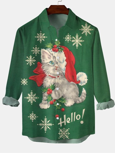 

Christmas Cat Graphic Long Sleeve Casual Shirt, Green, Shirt
