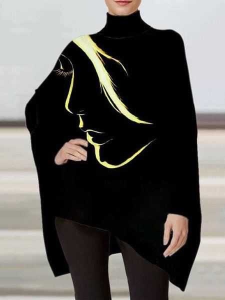 

Daily High Neck Long Sleeve Loosen Top, Black, Tops