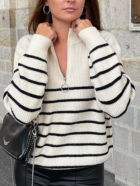 

Casual Elegant Wool-Mix Fabric High Neck Sweater, Black-white, Sweaters