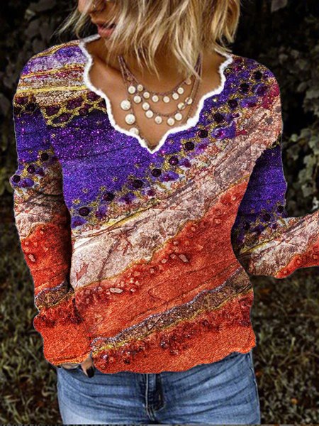 

Casual Printed V Neck Loosen Shirts & Tops, Multicolor, Tops