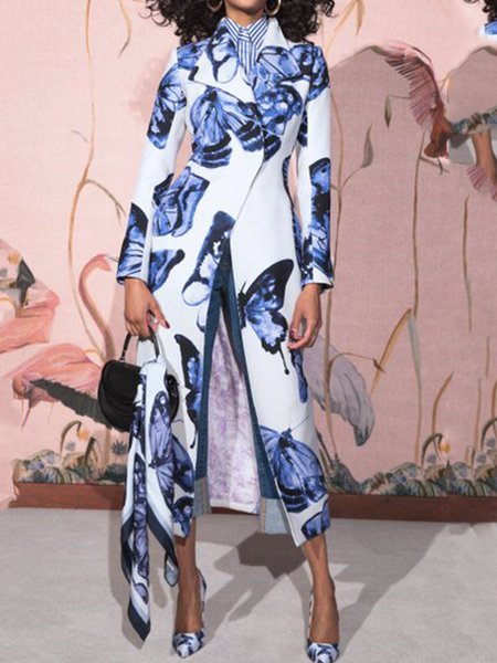 

Elegant Long Sleeve Lapel Regular Fit Outerwear, Blue, Coats
