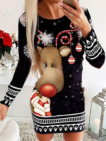 

Crew Neck Christmas Snowman Casual Dresses, Black, Mini Dresses