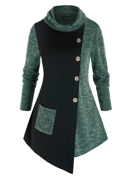 

Color-block Long Sleeves Buttoned Pockets Cowl Neck Plus Size Casual Dresses, Black-green, Mini Dresses