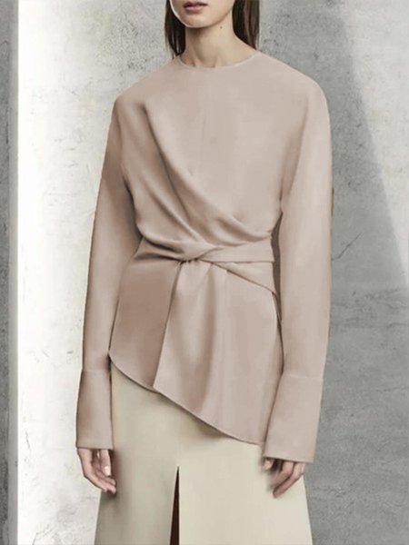 

Plain Crew Neck Regular Fit Top, Beige, Tops