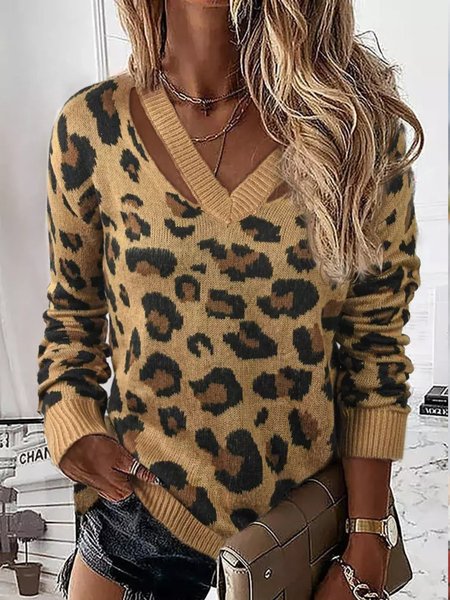 

Casual V neck Leopard Long Sleeve Sweater, As picture, Knitwear & Sweaters