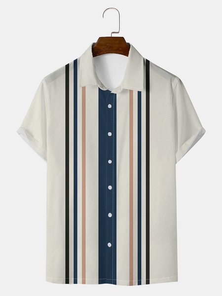 

Mens Striped Print Loose Short Sleeve Classic Hawaiian Shirts, White, Shirts ＆ Blouse