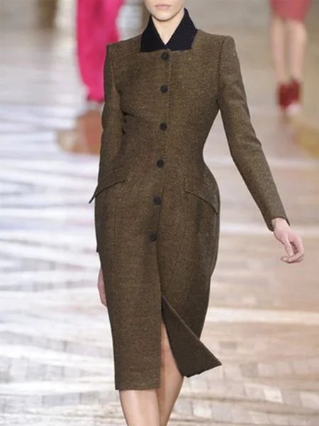 

Elegant Slim fit Stand Collar Dress, Deep brown, Midi Dresses