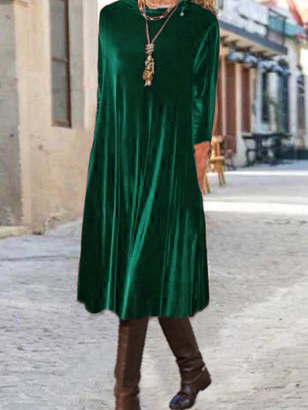 Crew Neck Plain Knitting Dress, Darkgreen, Maxi Dresses
