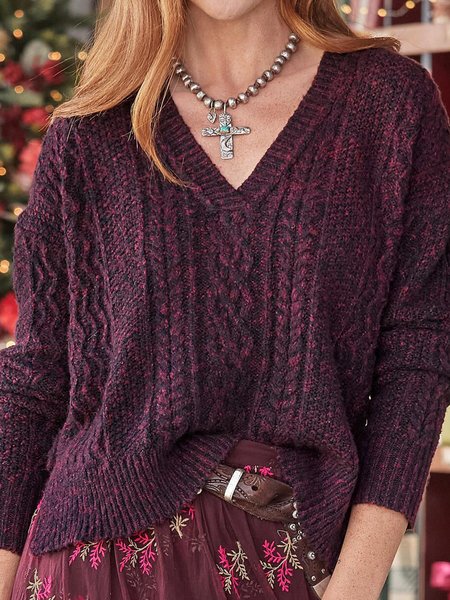 

V-neck Basic Plain Warm Loose Sweater, Purple red, Sweaters