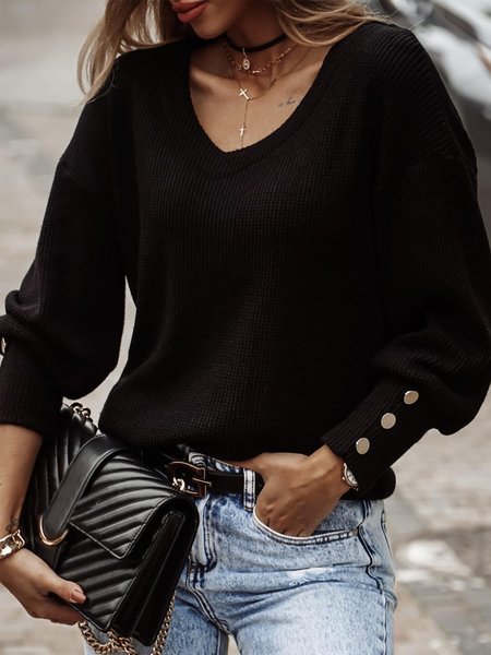 

Vintage Plain Long Sleeves V Neck Buttoned Plus Size Casual Tops, Black, Tops
