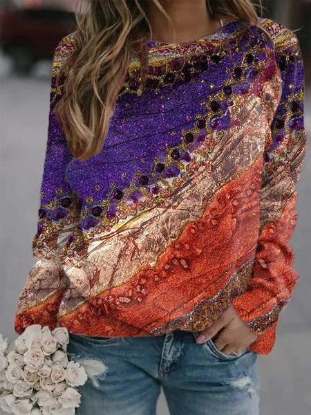 

Long Sleeve Crew Neck Printed Casual Sweatshirt, Multicolor, T-Shirts