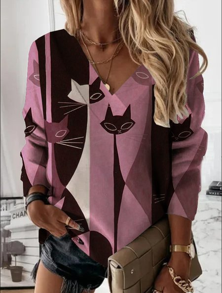 

Allentare Cotone miscele Animale Top, Rosso, Blouses & Shirts