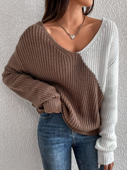 

V Neck Color Block Loosen Sweater, Brown, Sweaters & Cardigans