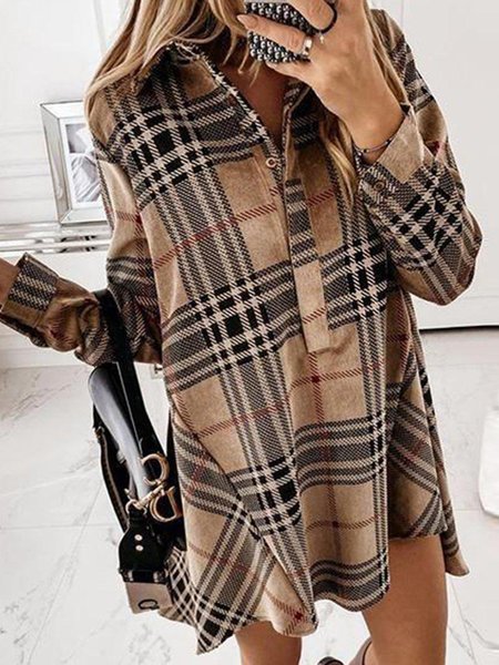 

Holiday Casual Shirt Collar Checked Print Long Sleeve Mini Dresses, Khaki, Casual Dresses