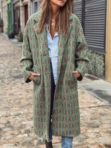 

Casual Lapel Printed Long Sleeve Outerwear, As picture, Coats & Jackets