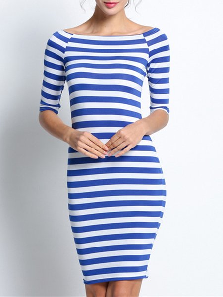

Boat Neck Casual Striped Boat Neck Dress, Blue, Mini Dresses