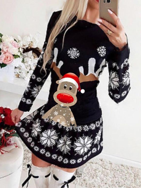 

Regular Fit Christmas Snowman Crew Neck Dresses, Black, Mini Dresses